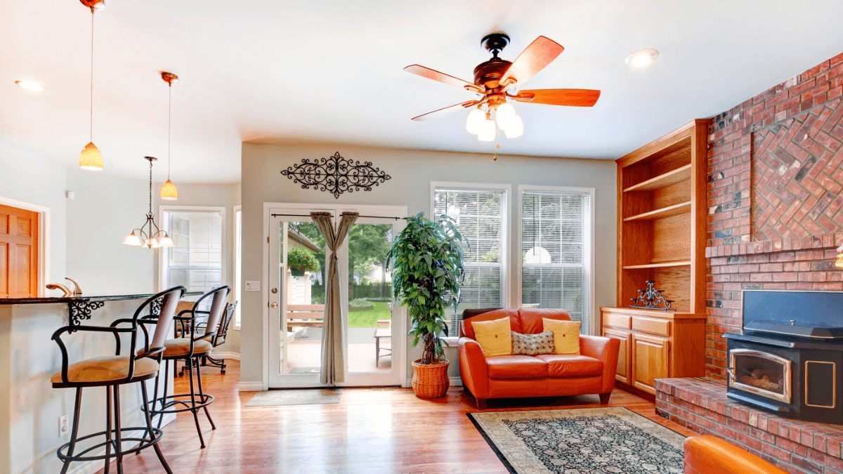 Living Room in House Home with Couch and Barstool and Ceiling Fan MSN
