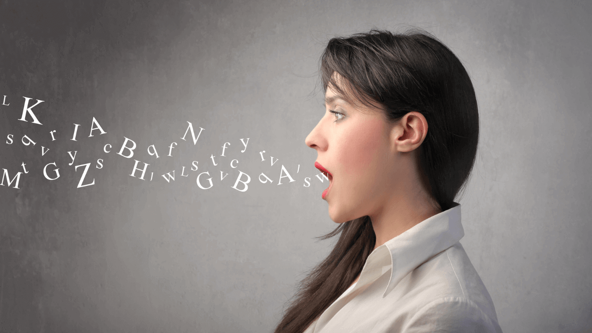 Woman Open Mouth Talk With Letters